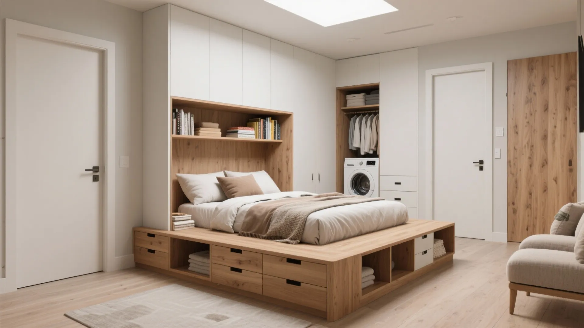 Wooden platform storage bed with built in drawers and white cabinets including a washing machine
