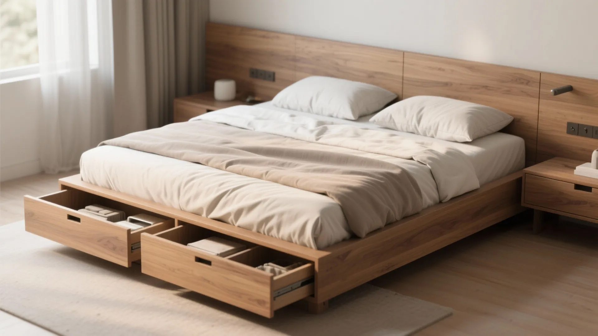 3. Low platform bed with deep drawers and slim headboard