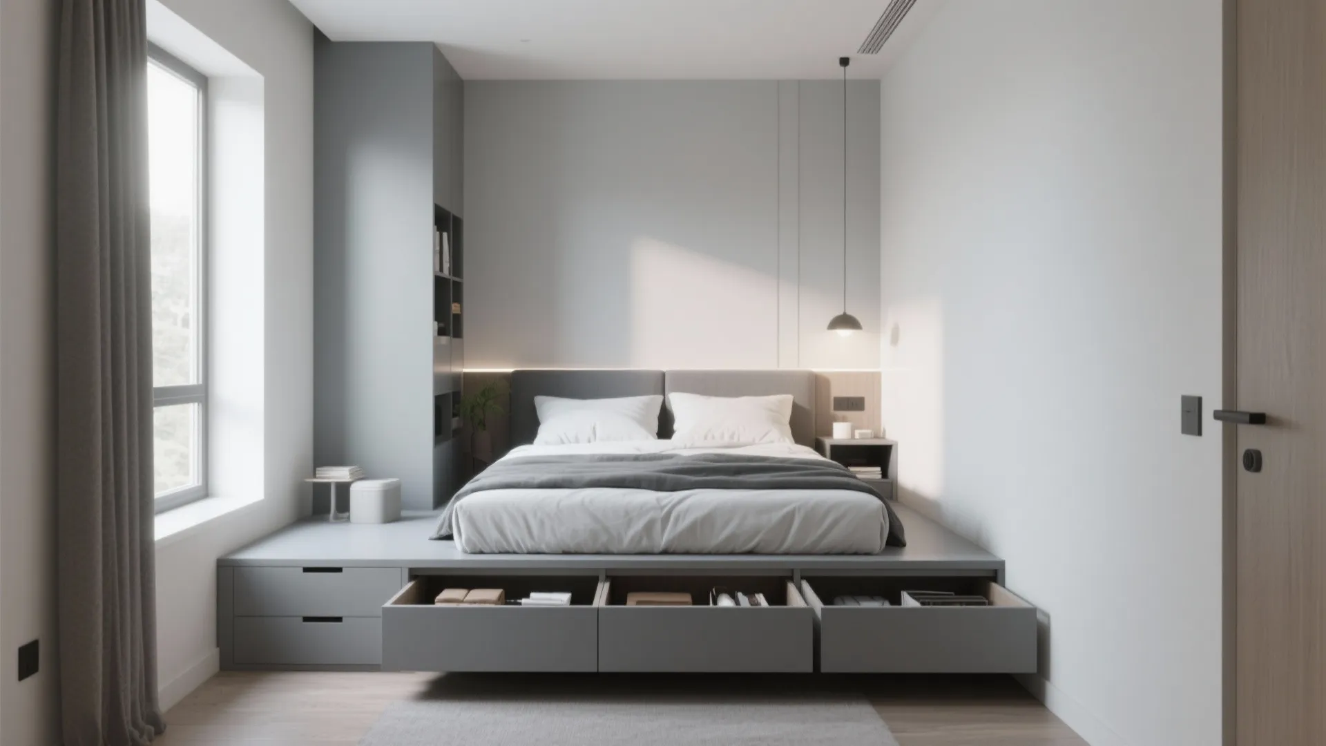 3. Grey Platform Bed with Hidden Storage