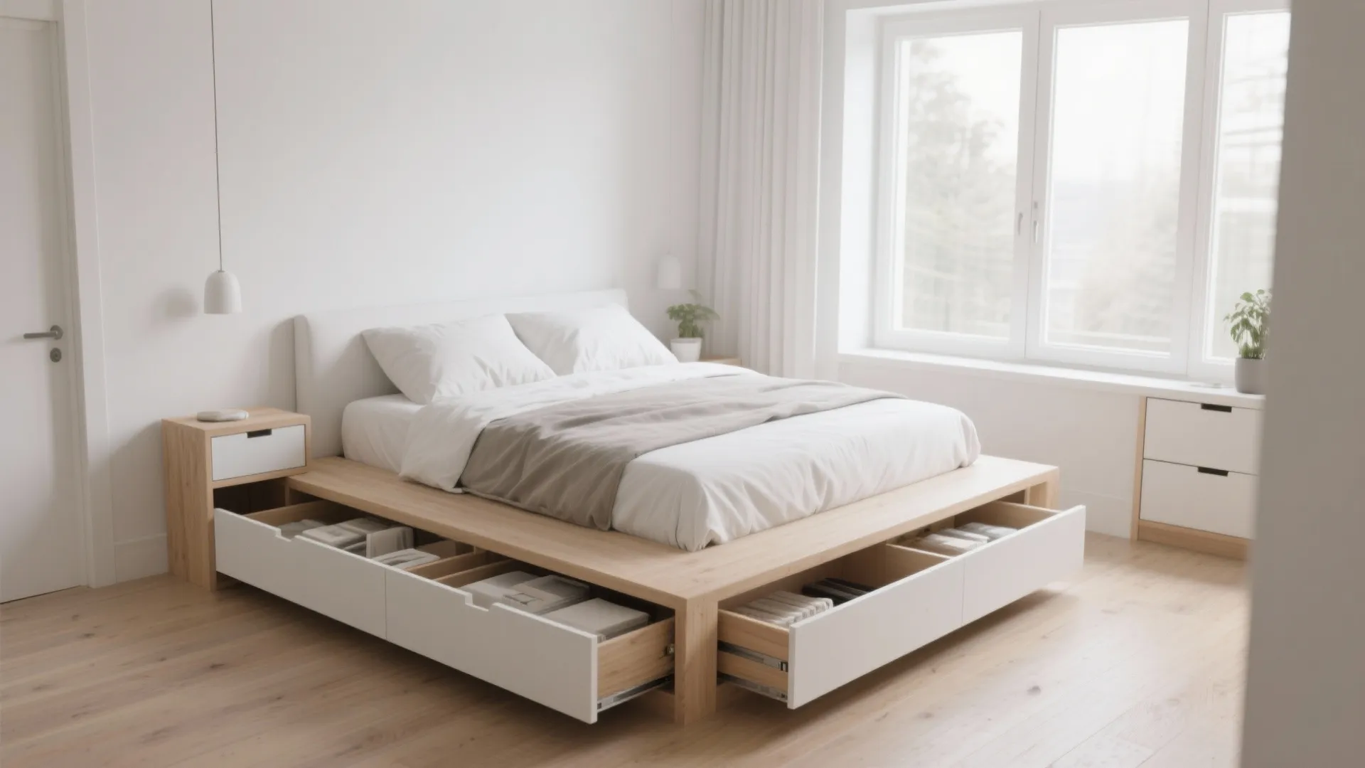 Modern wood platform bed with open white drawers for storage in a bright minimalist bedroom