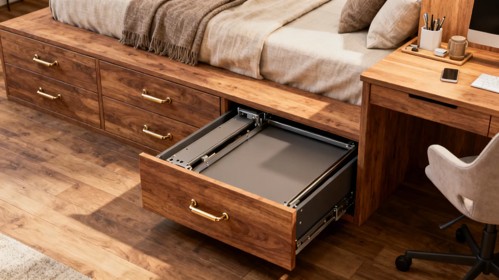 Raised platform bed with hidden drawers and a pull-out mini desk at the foot, shown in close-up detail.