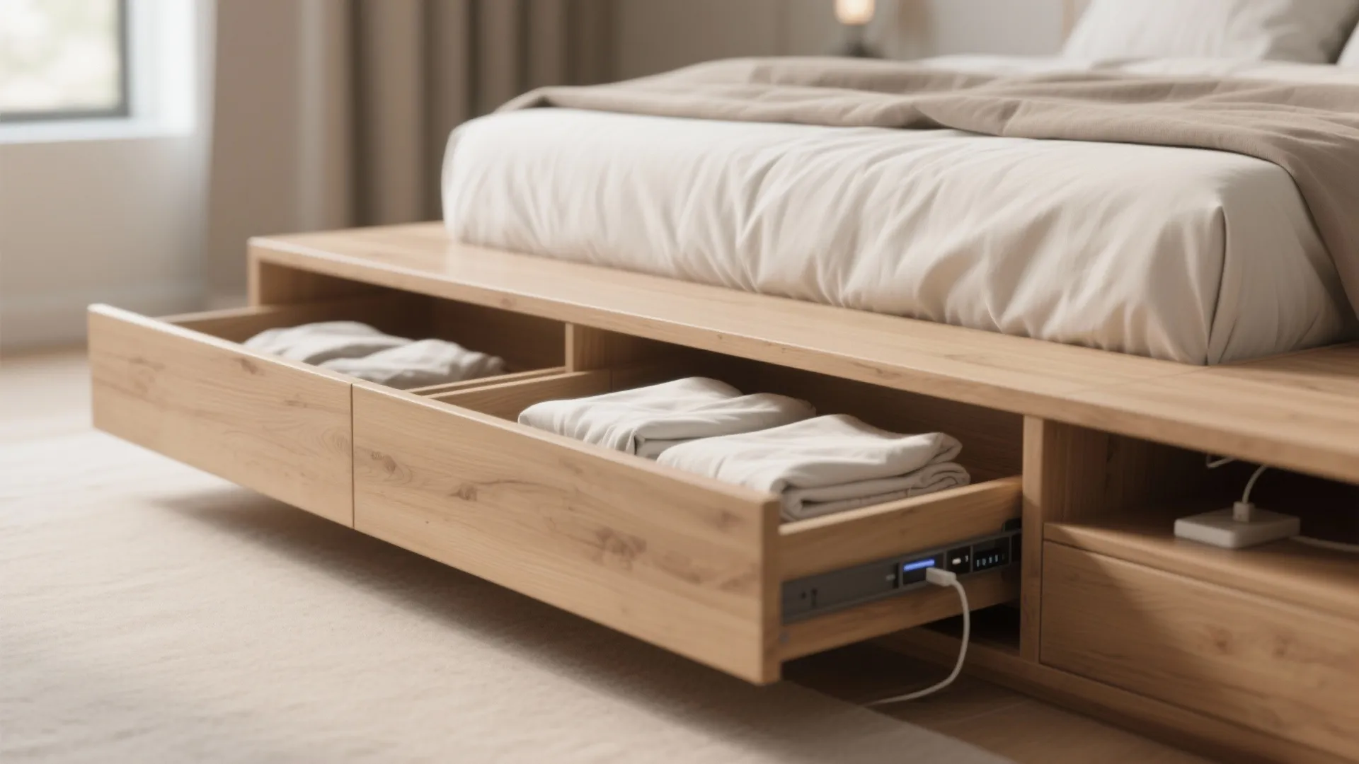 Wooden bed frame with open storage drawer containing folded clothes and a built in charger
