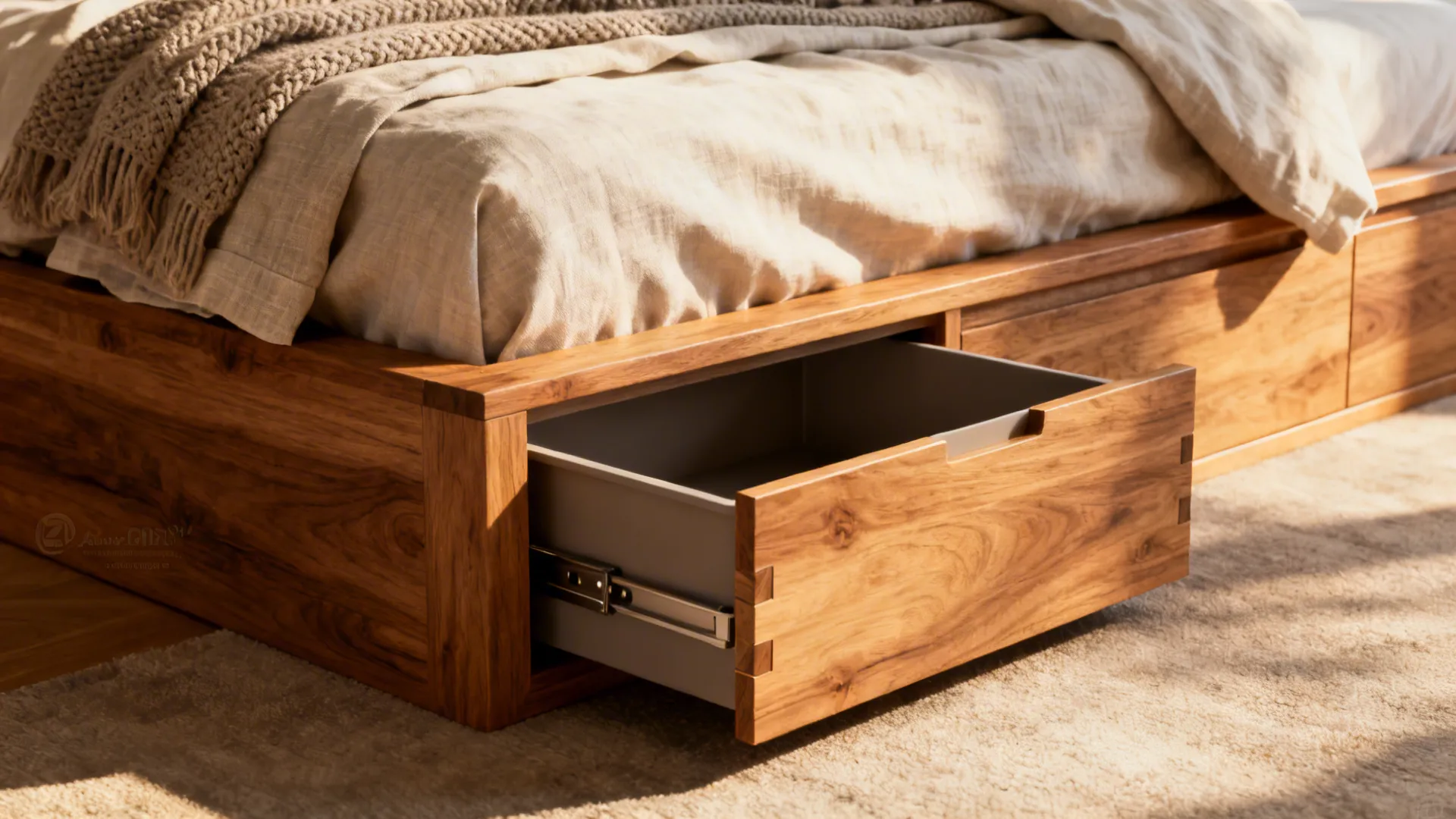 Close-up of a low wooden platform bed with deep under-bed drawers and neutral bedding.