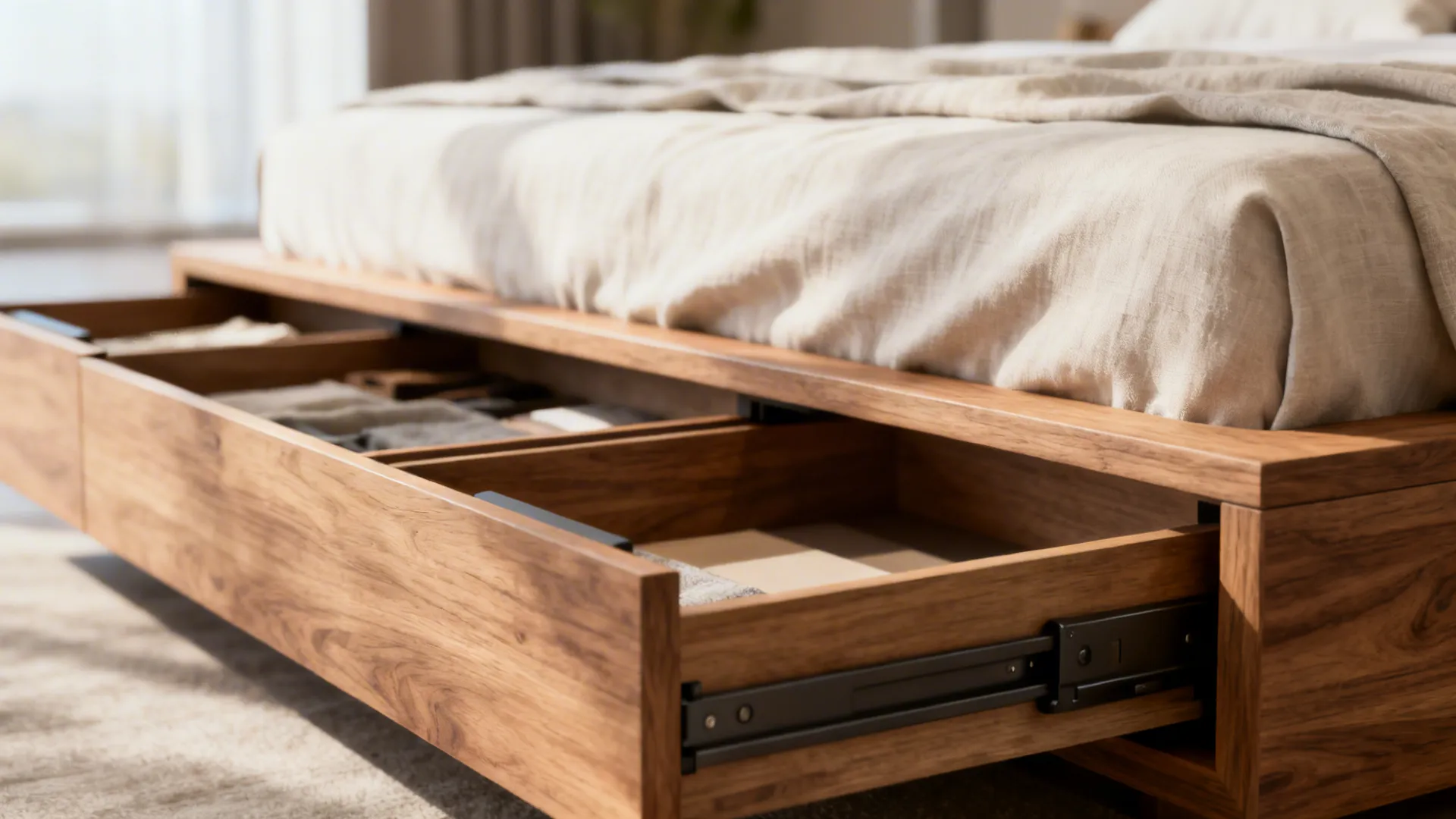 Close-up of under-bed drawers in a platform queen bed showing neat storage and wood texture