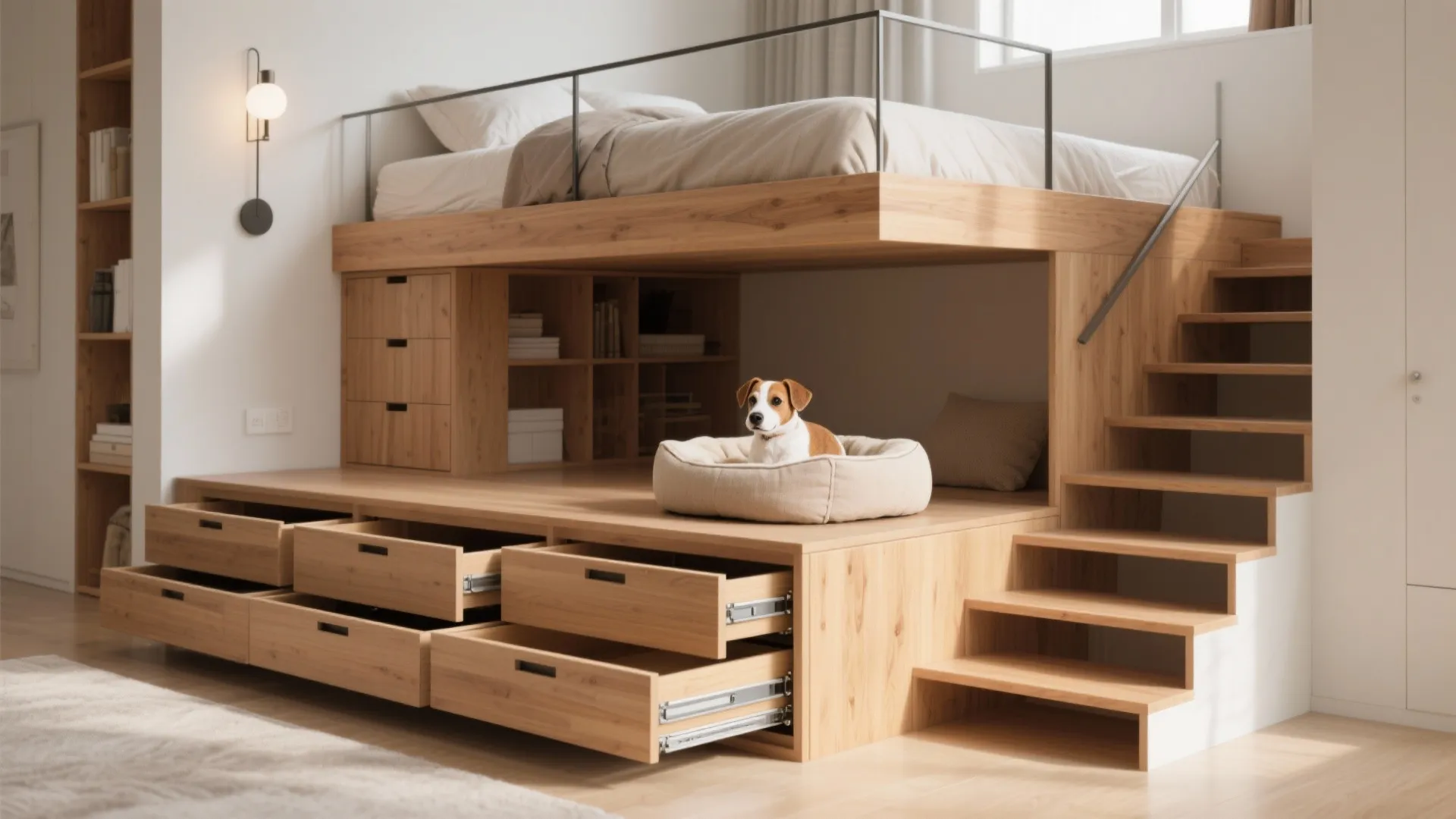 Wooden loft bed with stairs and open storage drawers featuring a small dog sitting underneath