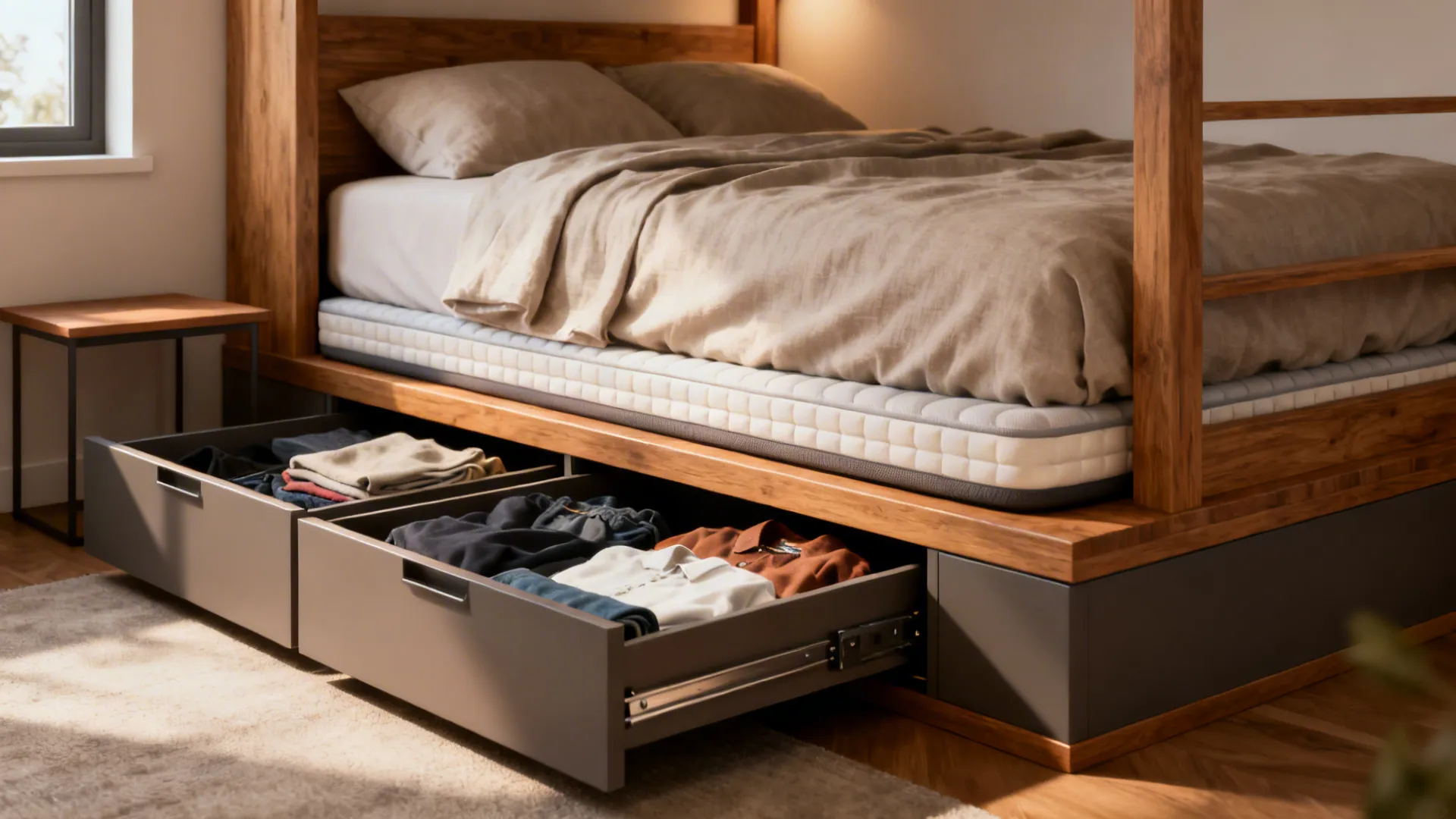 Platform loft raised low with deep pull-out storage drawers underneath in a tiny bedroom.