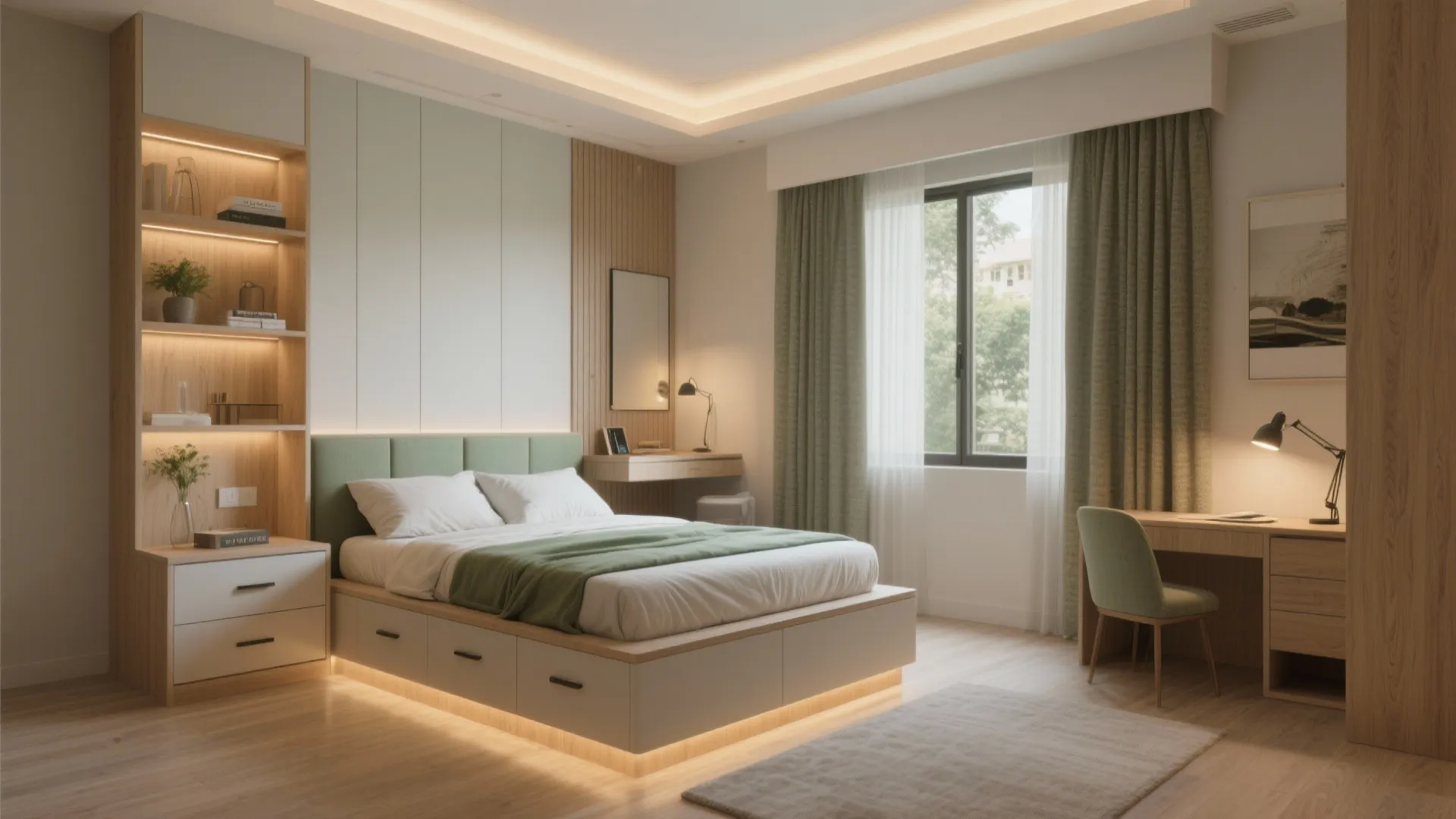 Multifunctional bedroom: platform storage, a pocket study, and better sleep