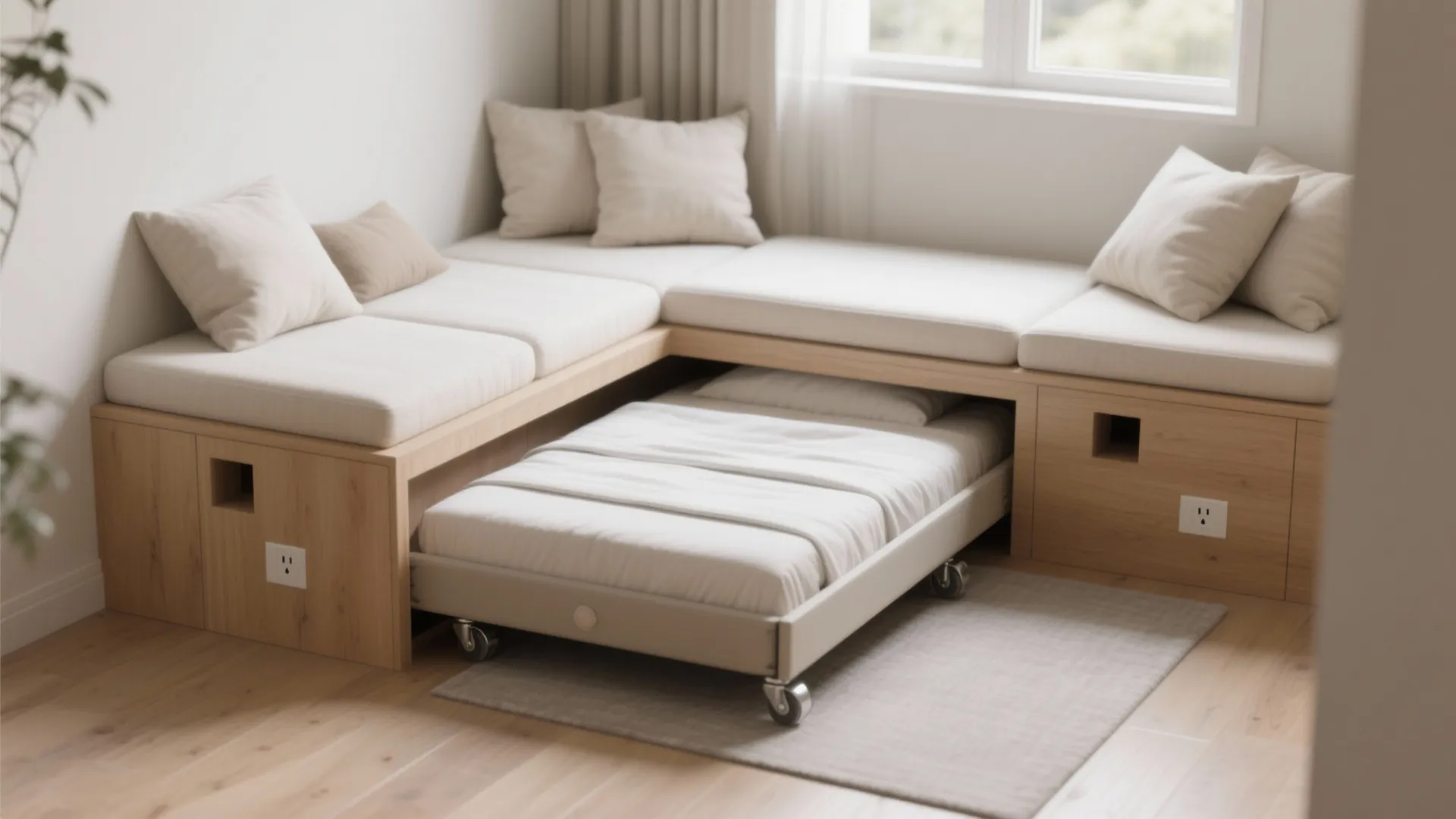 Low platform nook with floor cushions and a flush trundle below, warm wood and soft daylight creating a cozy space.