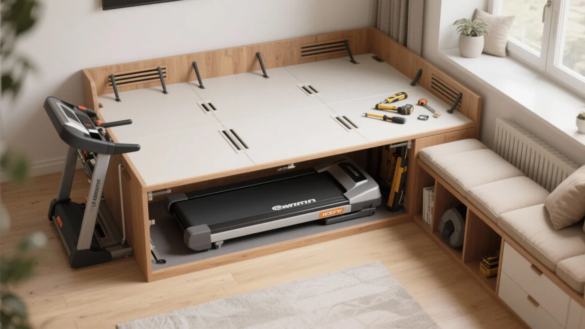 Top-down view of a raised platform with a fold-up treadmill tucked underneath and a bench above.