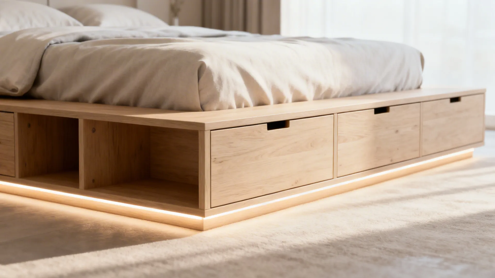 Close-up of an elevated platform bed with built-in drawers and LED toe-kick lighting.