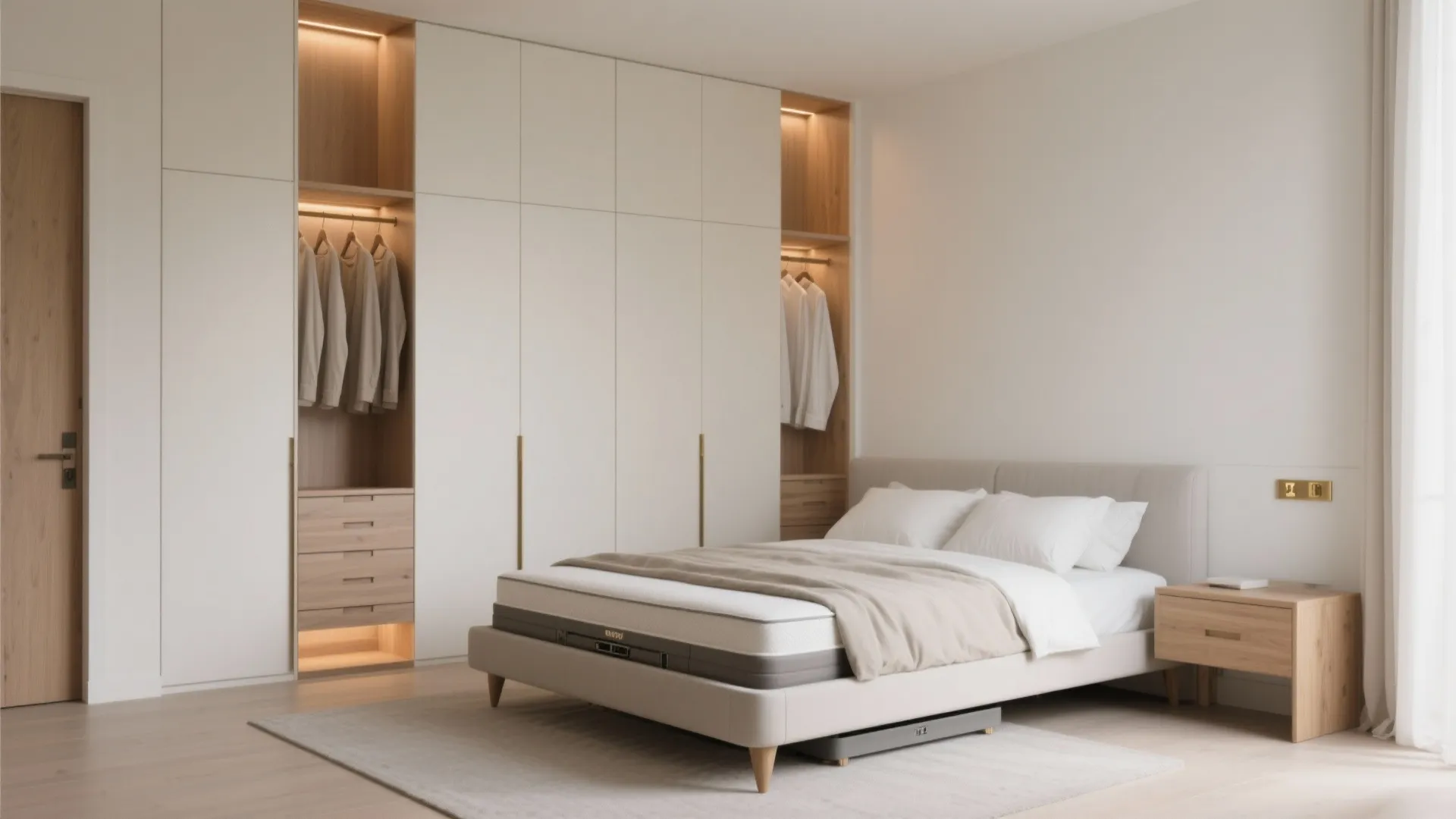 Minimalist bedroom featuring large white wall cabinet, comfortable bed, wooden nightstand, and light wood floor