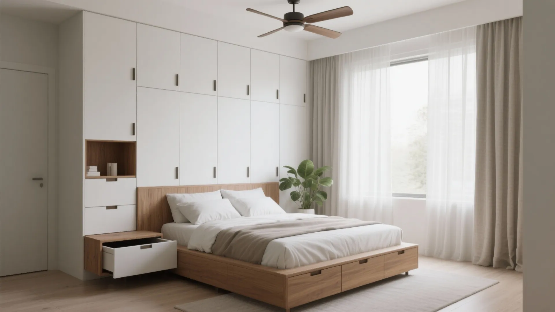 Storage-first bedroom: platform bed, wardrobe wall, and breezy fabrics