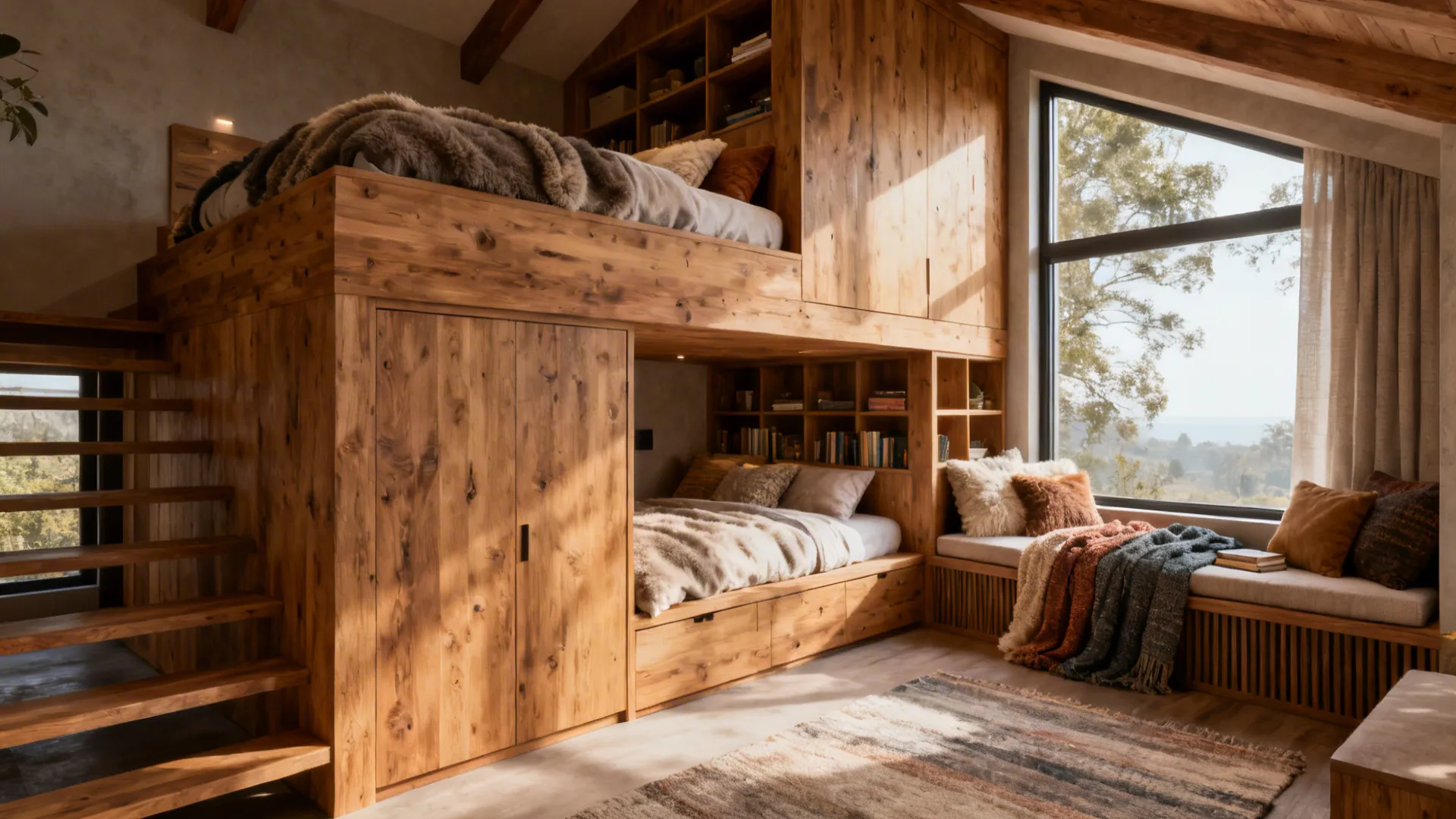 Elevated platform bed integrated with a window seat and storage, creating layered zones