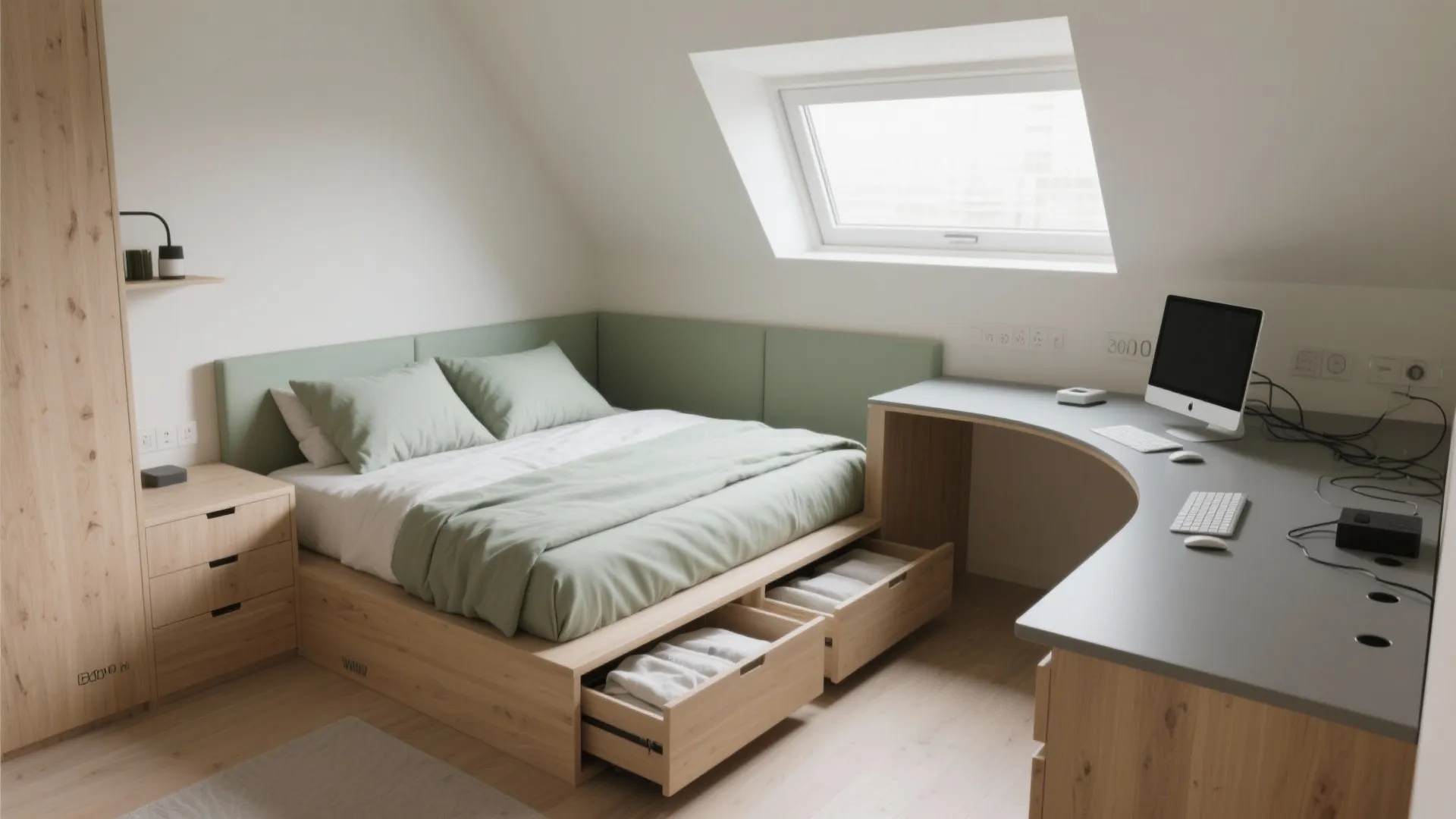 Low platform bed with wraparound desk and under-bed storage in a calm compact room.