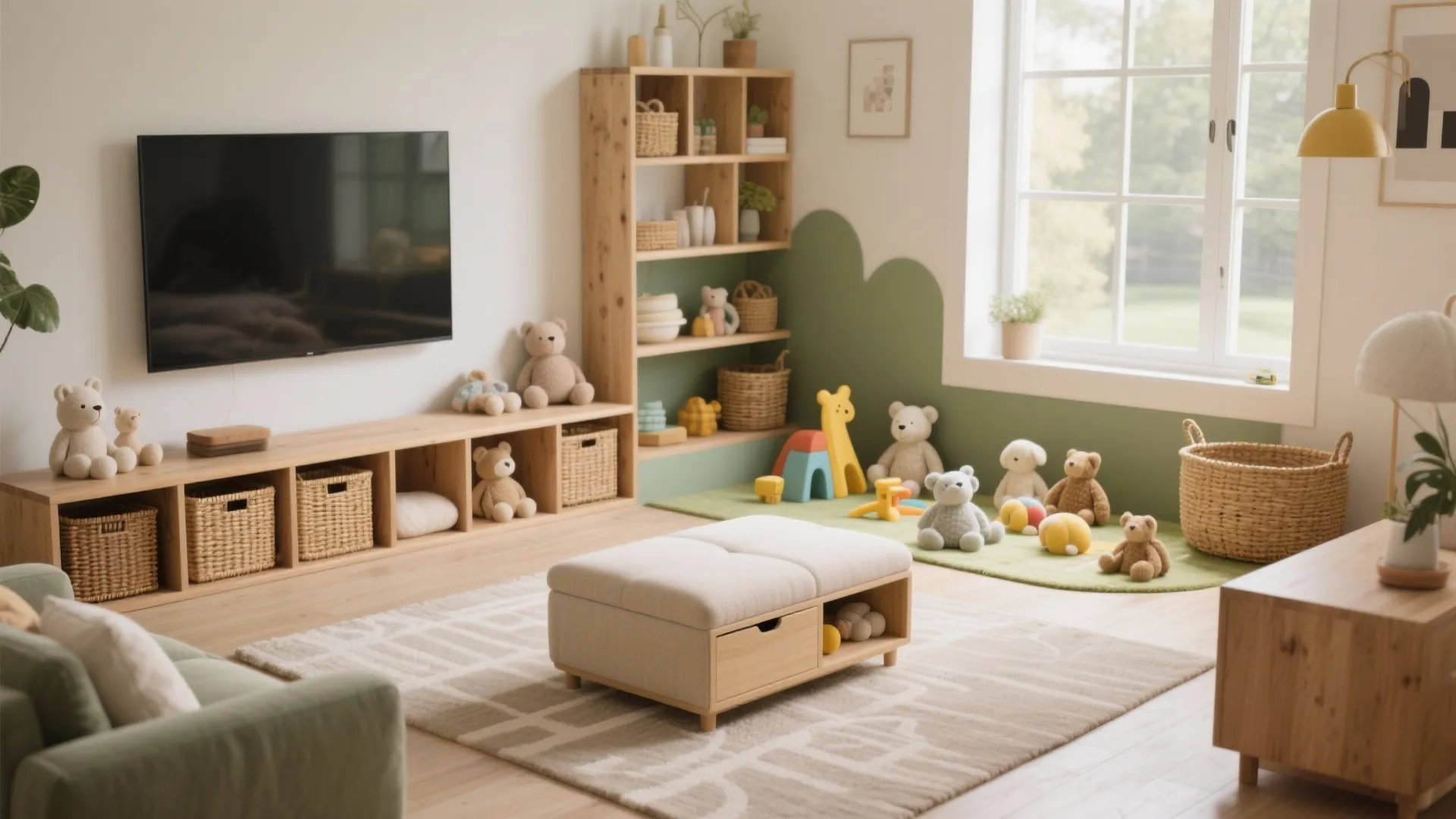 Kids playroom with wooden shelves plush teddy bears a green wall design and a soft footrest