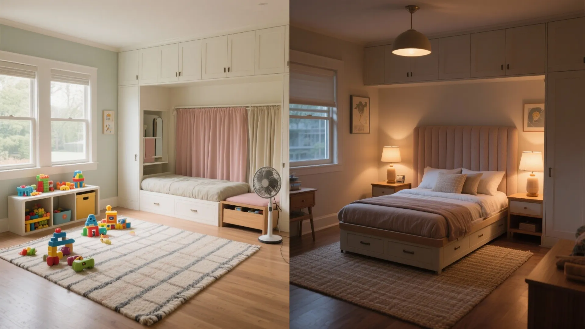 Before and after comparison of a kids playroom with toys and a cozy guest bedroom