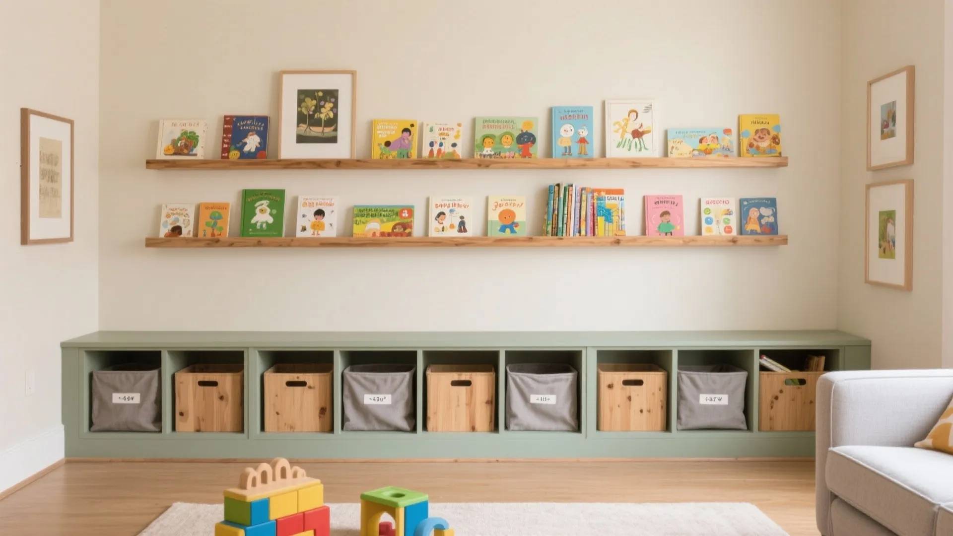 One-Wall Play Library (Picture Ledges + Cubbies)
