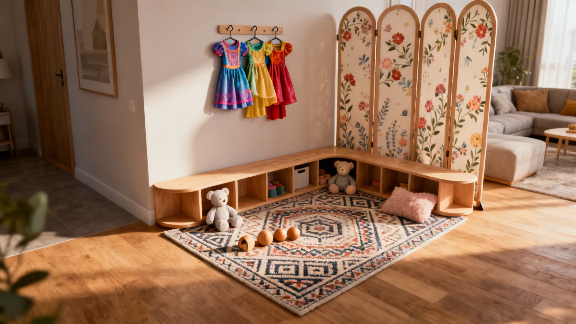 Kids play corner with wooden shelf patterned rug floral divider and colorful dresses on wall