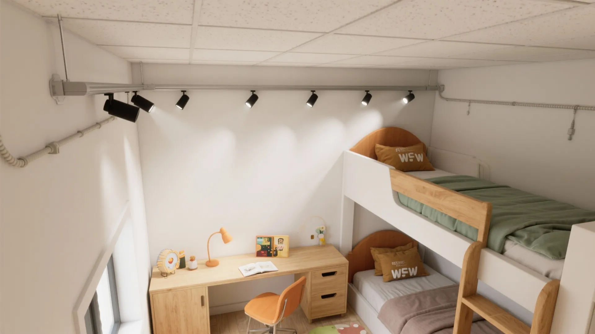 Small bedroom featuring a bunk bed wooden desk orange chair and black track lighting on wall