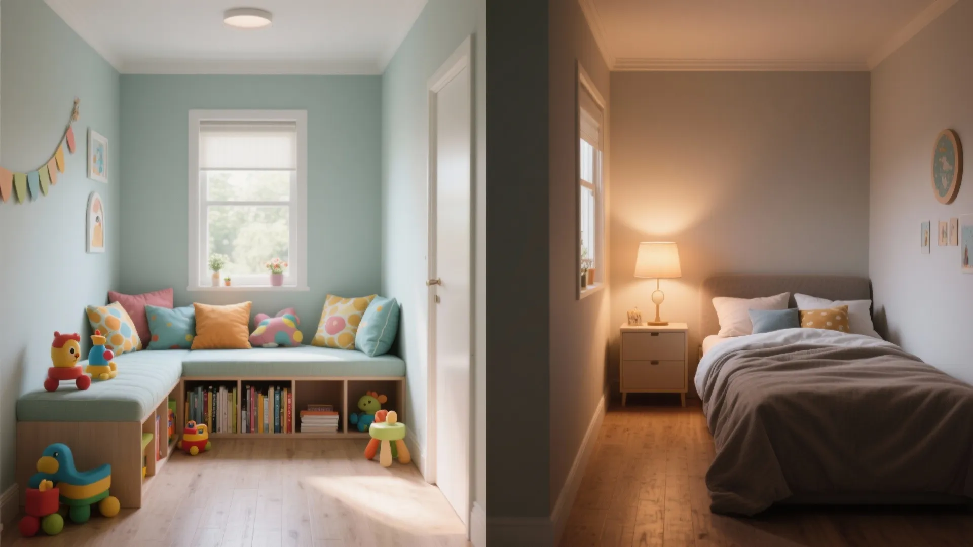 Side by side view of colorful play area with bench and simple quiet sleeping area