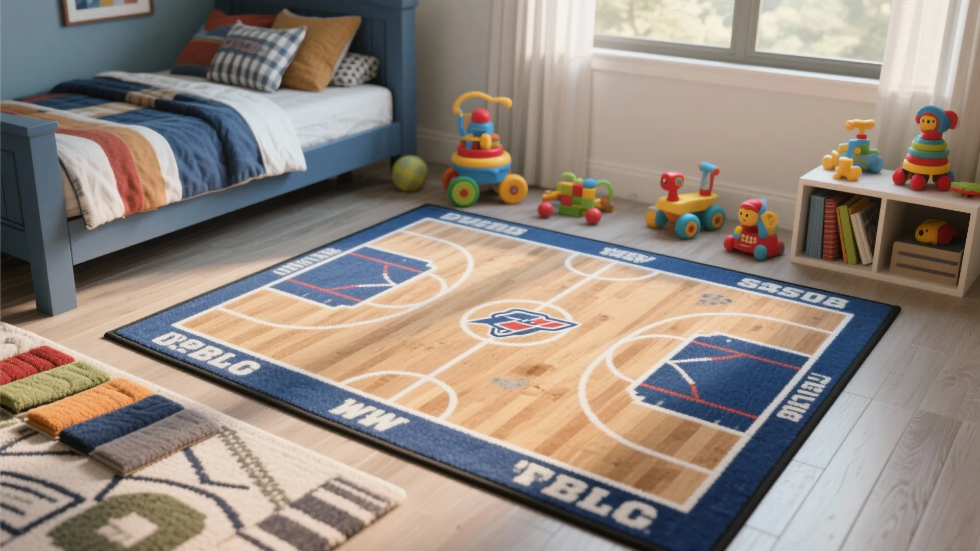 Basketball court pattern rug on a wooden floor in a child bedroom with colorful toys