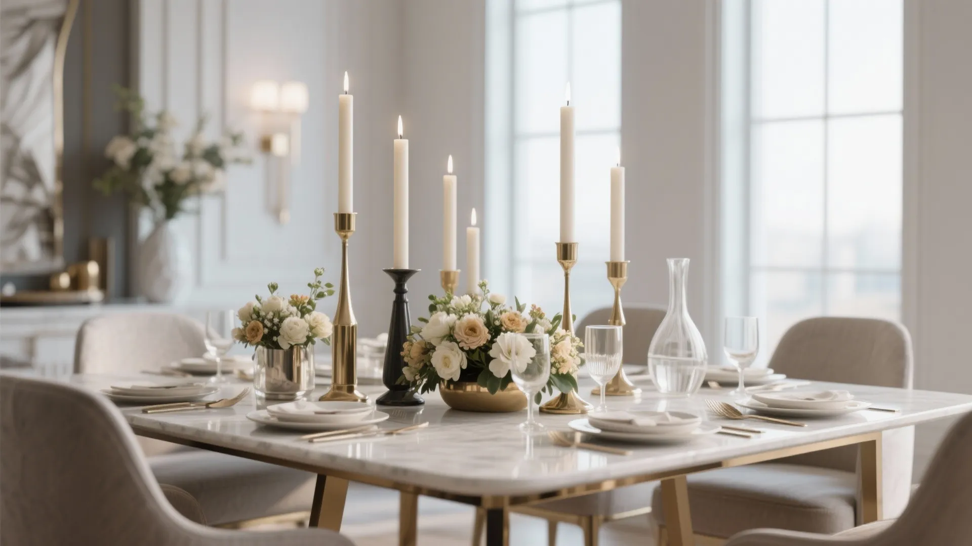 Dining table decor with tall candlesticks and low flowers for varied height