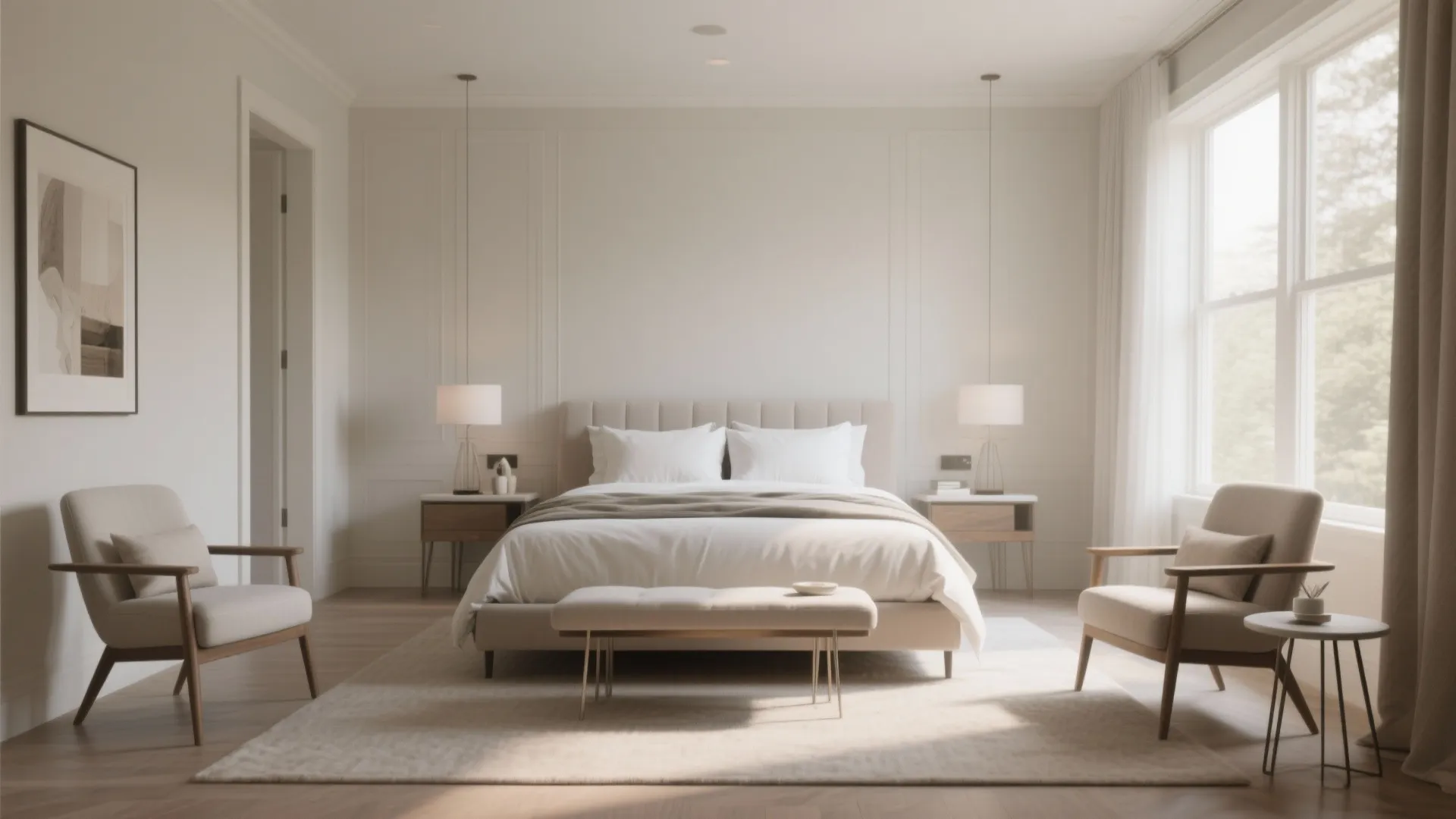 King bed with slim side tables and open-legged chairs in bedroom