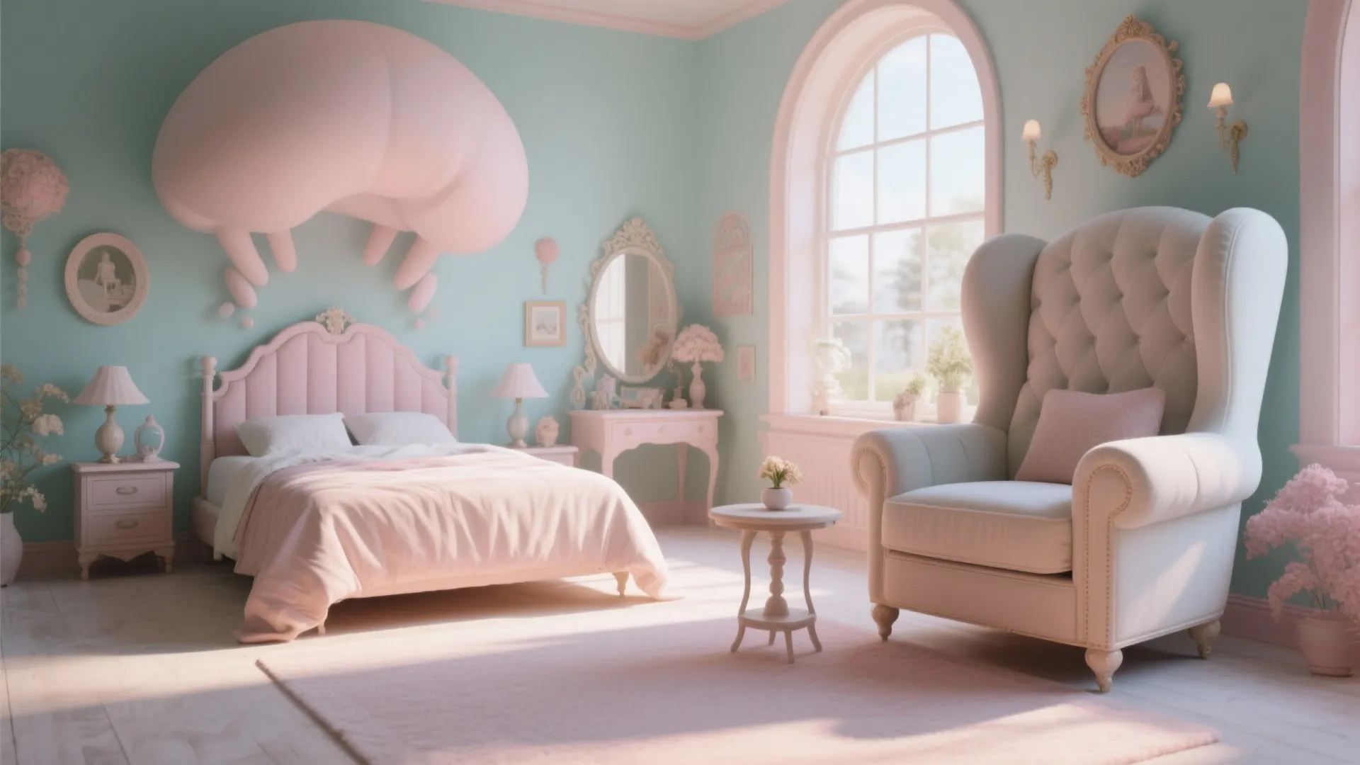 Bedroom with oversized chair next to a tiny table in whimsical style