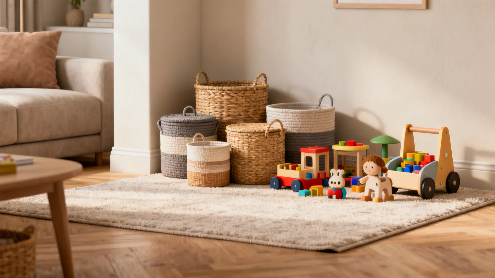 Small living room play zone marked by a rug and a cluster of woven baskets for toys.