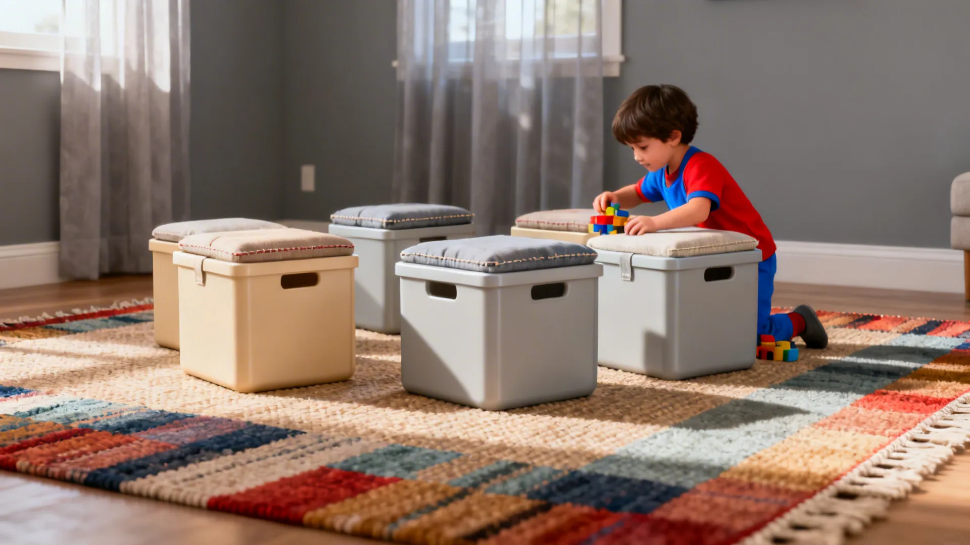 5. Zoning with rugs and stackable cubes