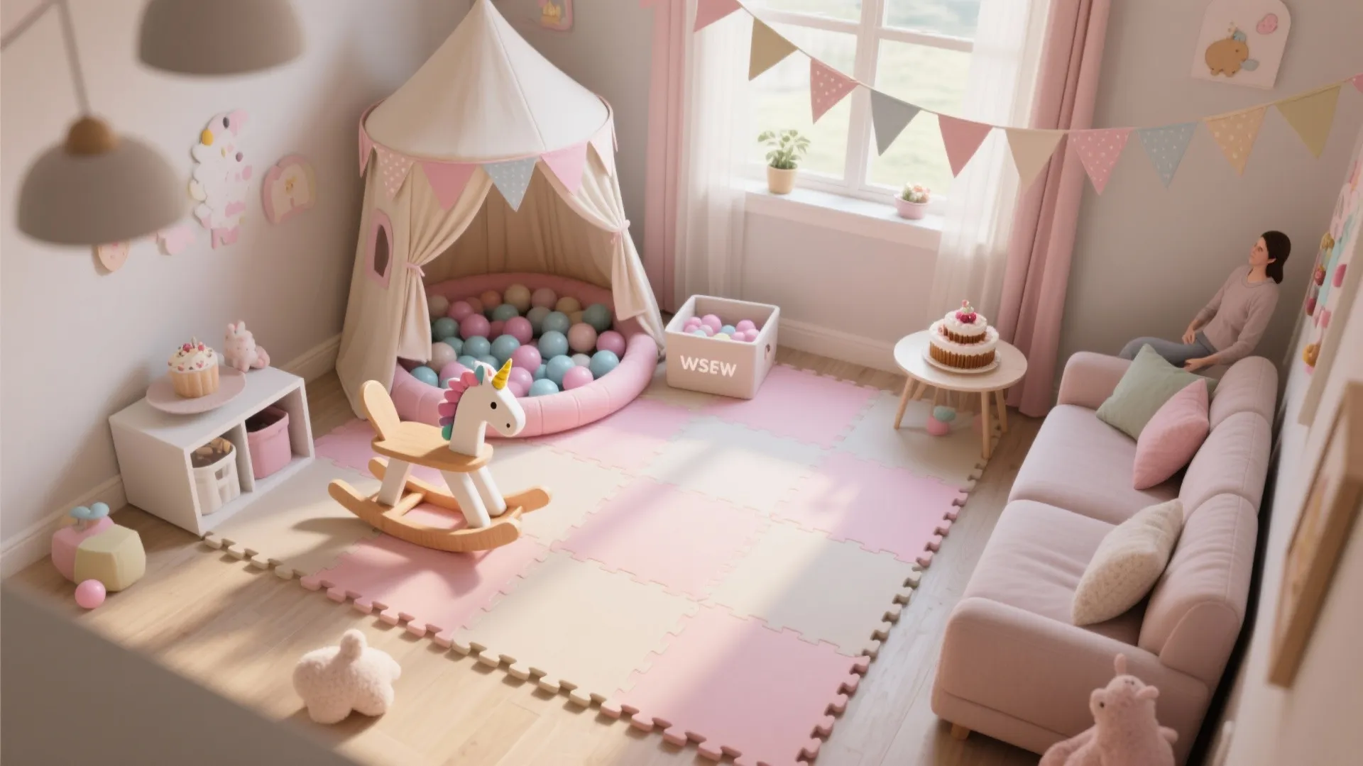 Safe Floor Play Zone with Soft Mats & Themed Props