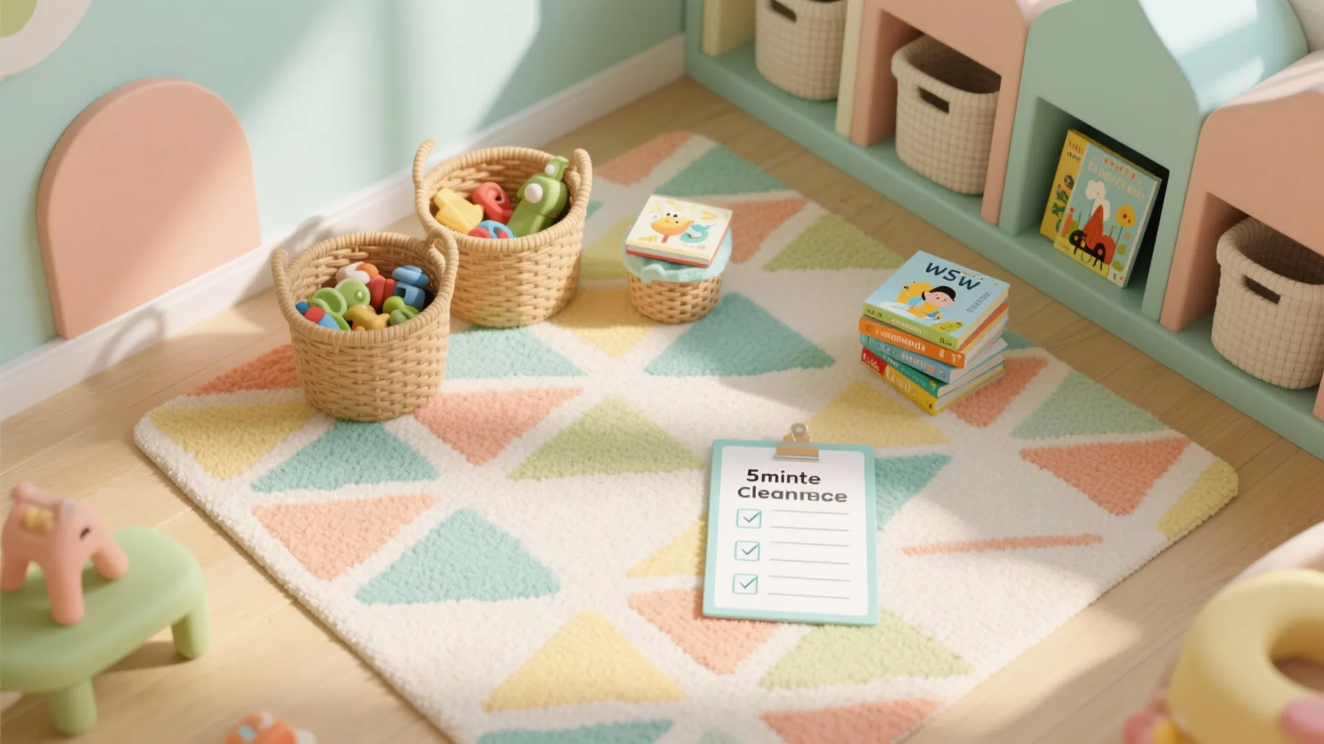 Colorful triangle pattern rug with toy baskets and a cleaning checklist in a child play area