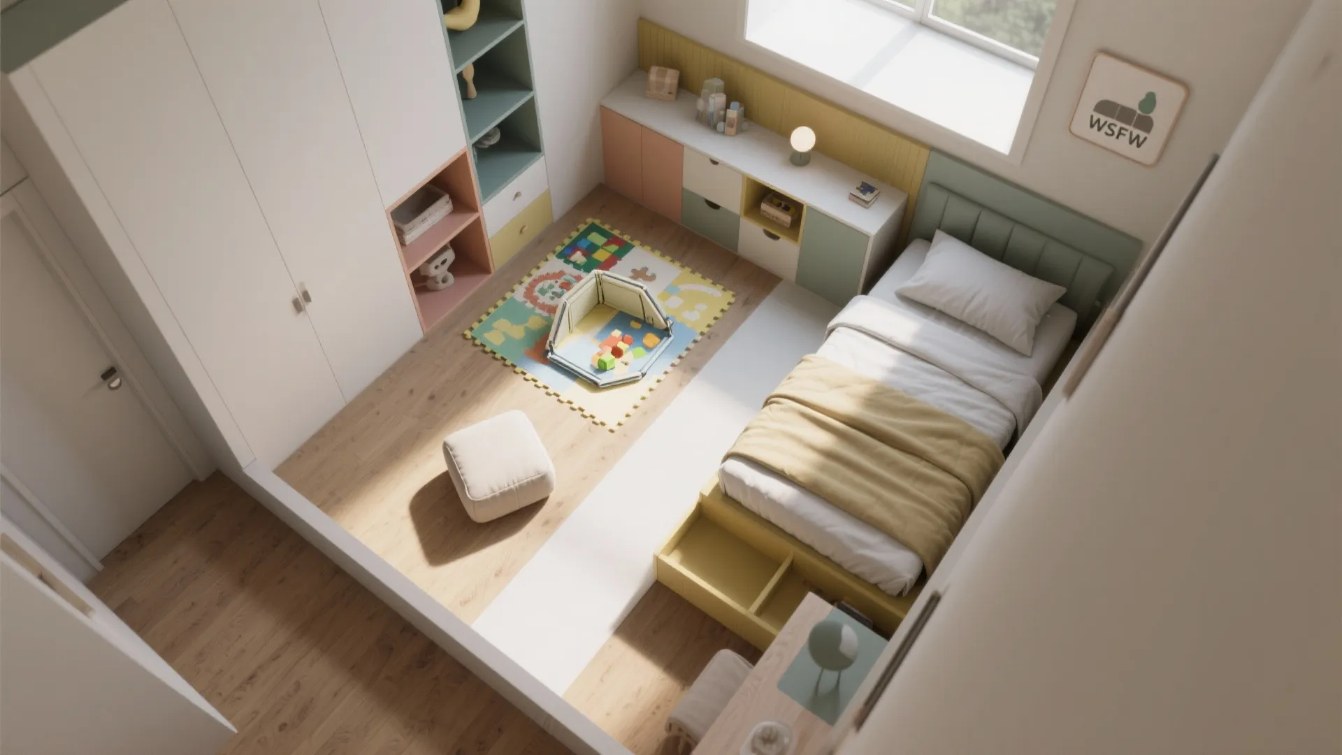 Top-down layout of a small bedroom showing a designated play corner, storage, and bed placement for good flow.