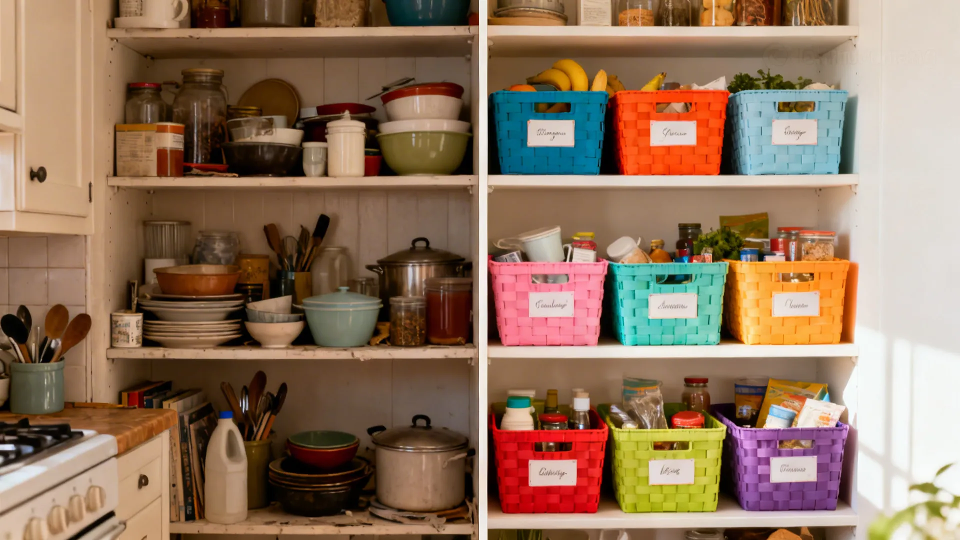 Before-and-after compact shelf showing clutter versus colorful organized baskets.