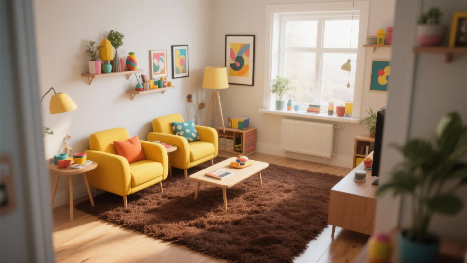 Brown carpet living room with mustard yellow accent chairs