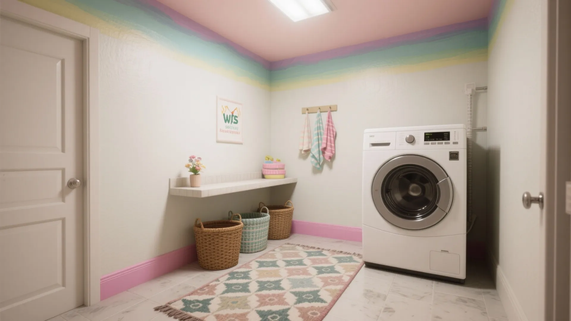 Small laundry room with rainbow wall border white washing machine woven baskets and patterned rug