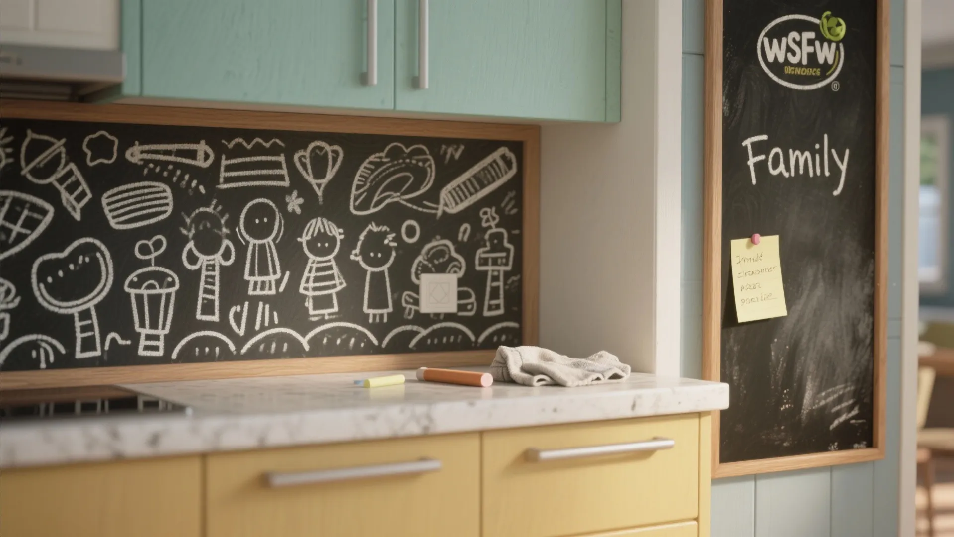 Close-up of a washable stenciled pattern and chalkboard panel behind a laundry folding counter.