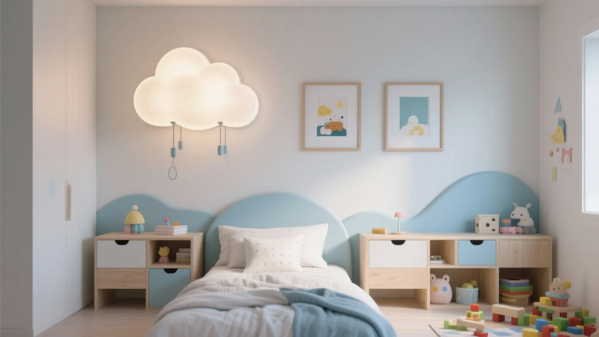 Kids room wall with a cloud-shaped light and two framed prints creating a playful focal point.
