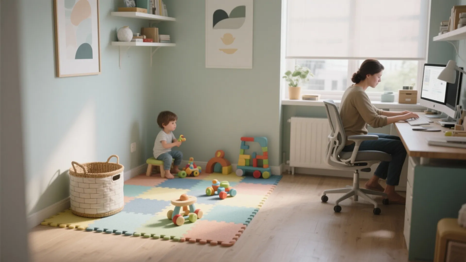 Mother working at desk while child plays with colorful toys on floor mat in bright room