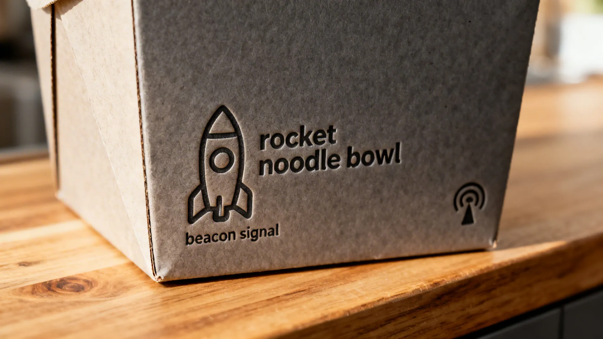 Macro of embossed playful delivery icons on matte takeaway cartons over a warm wood counter.