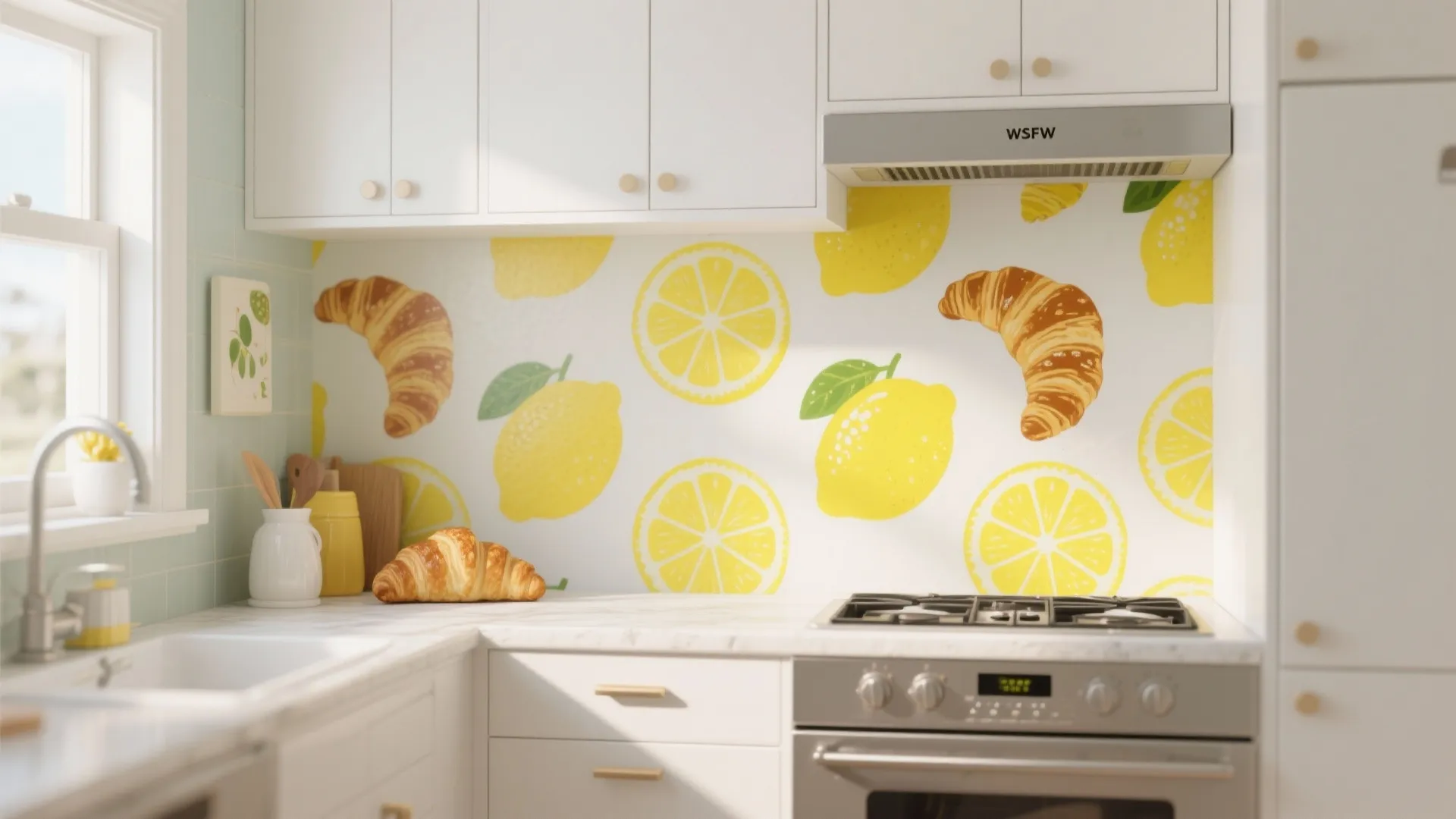 Clean white kitchen with lemon and croissant patterned wall design marble countertop stove and white cabinets