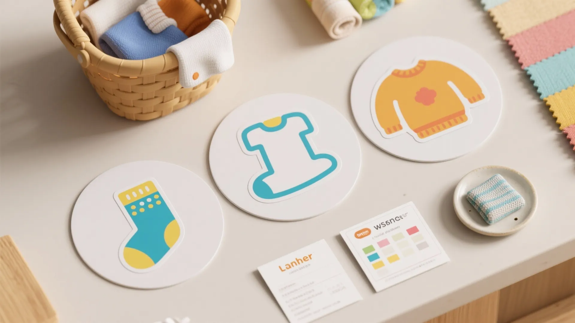 Top-down flatlay of bold vinyl laundry icons and label samples for sorting baskets.