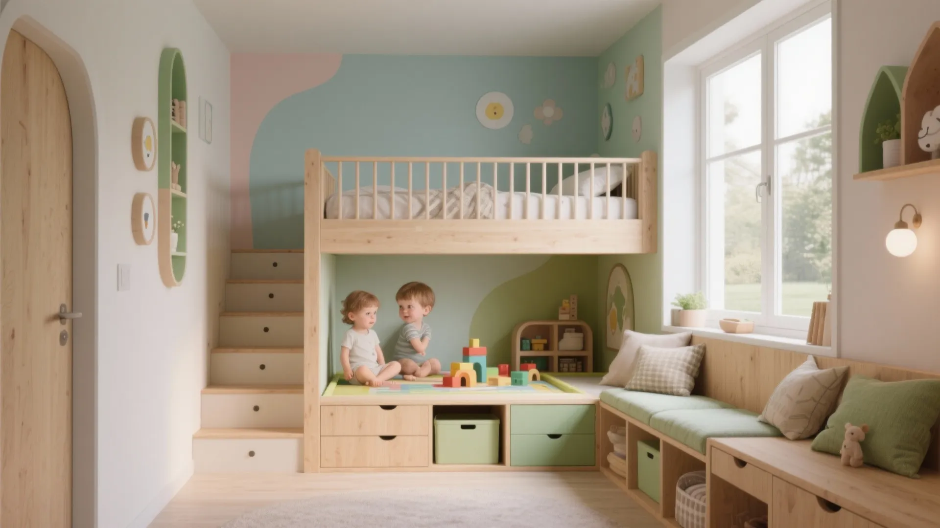 Kids bedroom featuring wooden bunk bed with storage drawers stairs and colorful wall mural design
