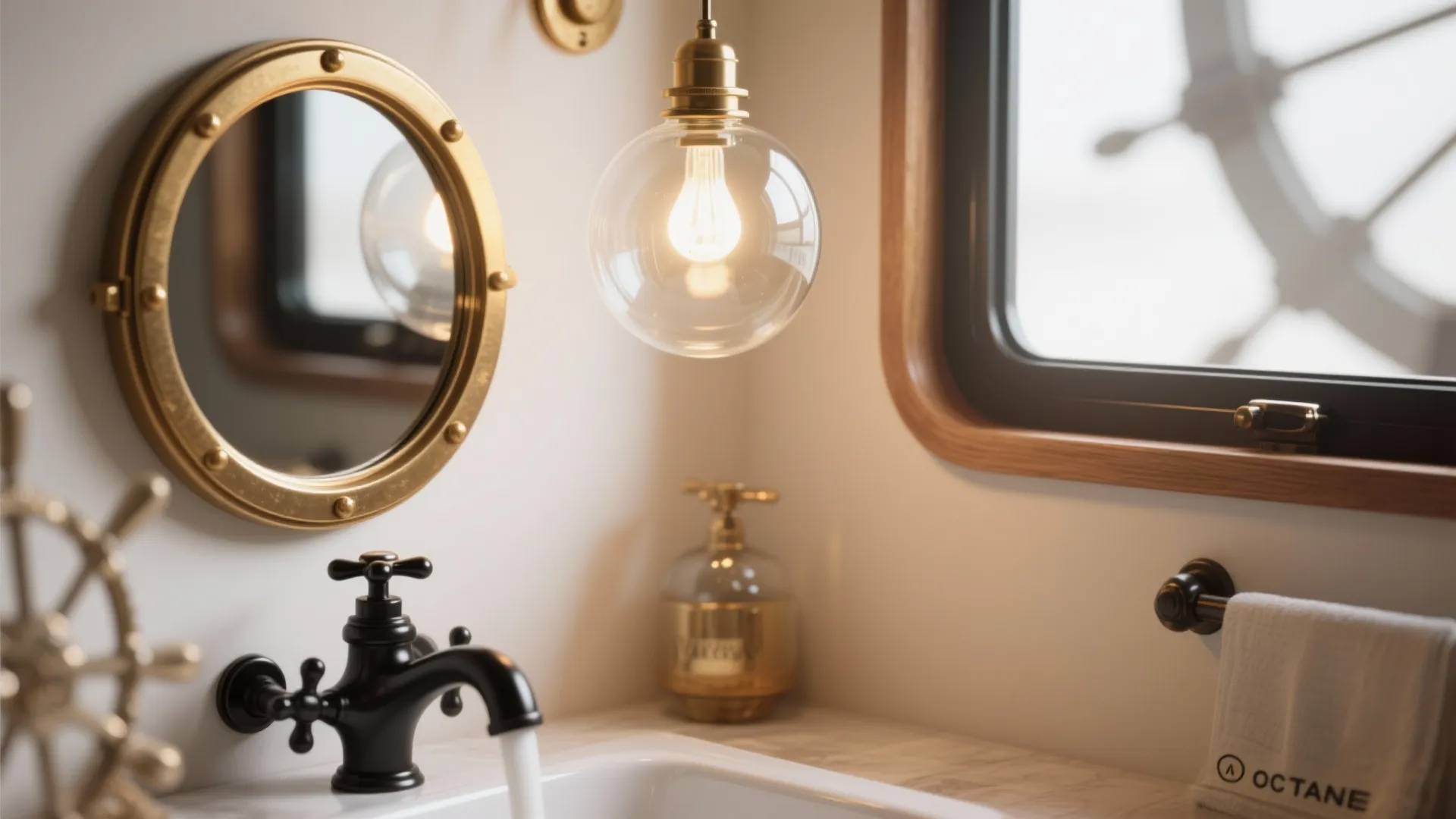 Porthole mirror with brass frame and bubble-shaped pendant light paired with matte-black hardware.