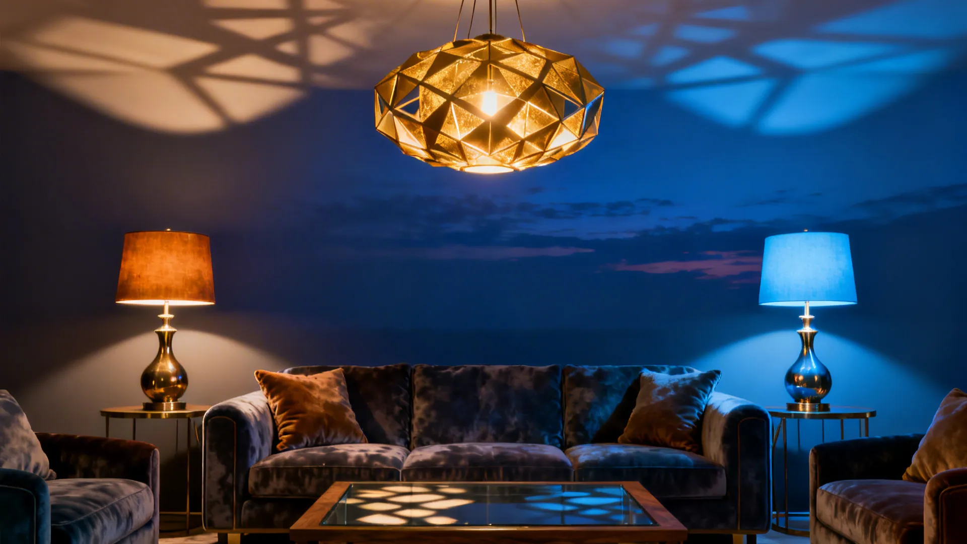 Layered playful lighting with a sculptural pendant and colored table lamps creating warm pools of light.