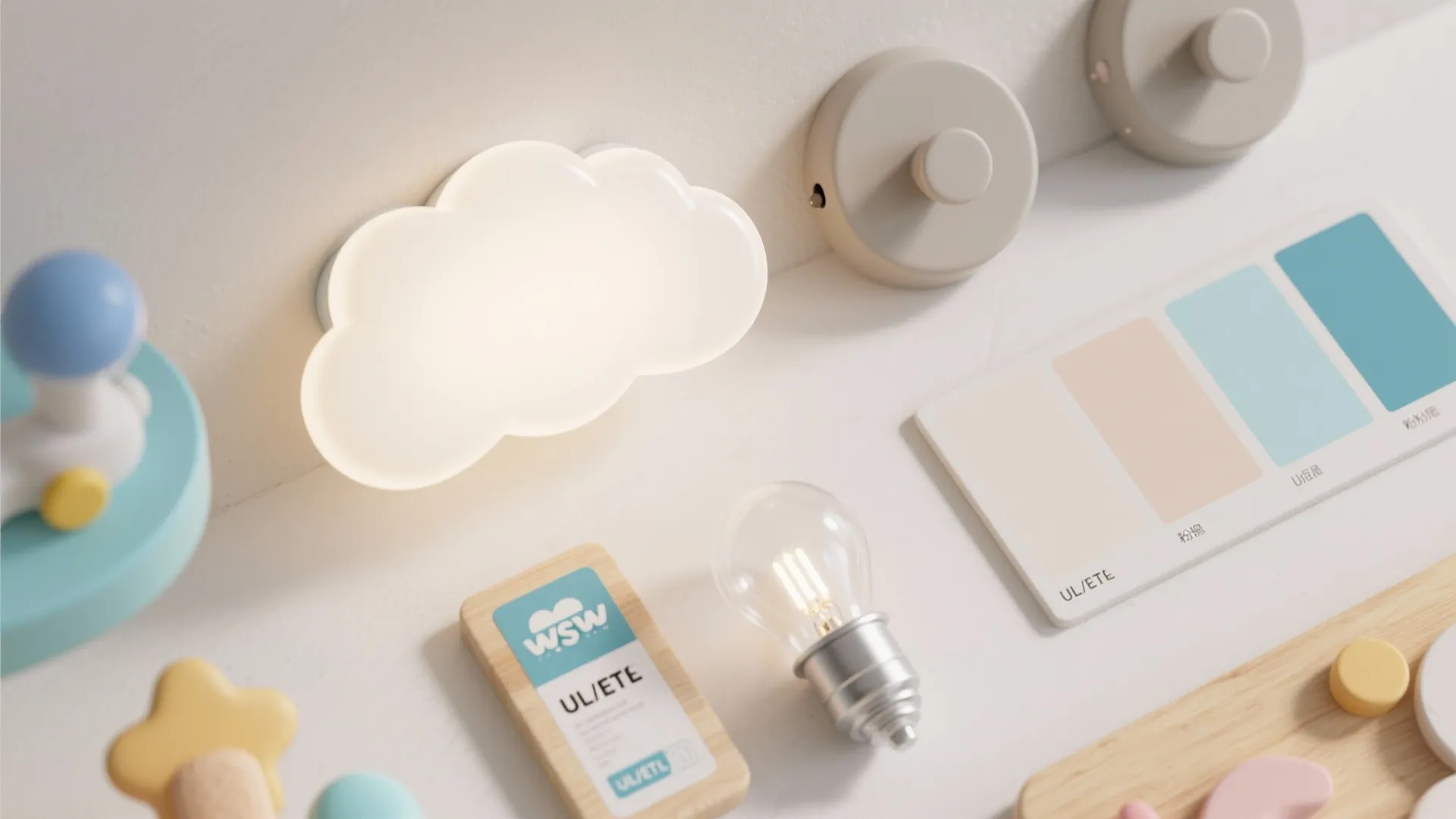 Flatlay of cloud diffuser, powder-coated metal finishes, pastel swatches, and frosted LEDs for kids lights.