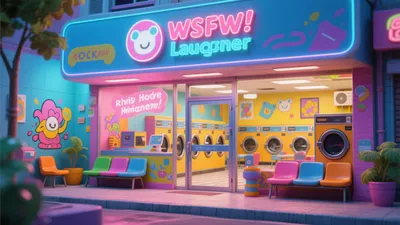 Vibrant Laundry Shop Design with Neon Aesthetic