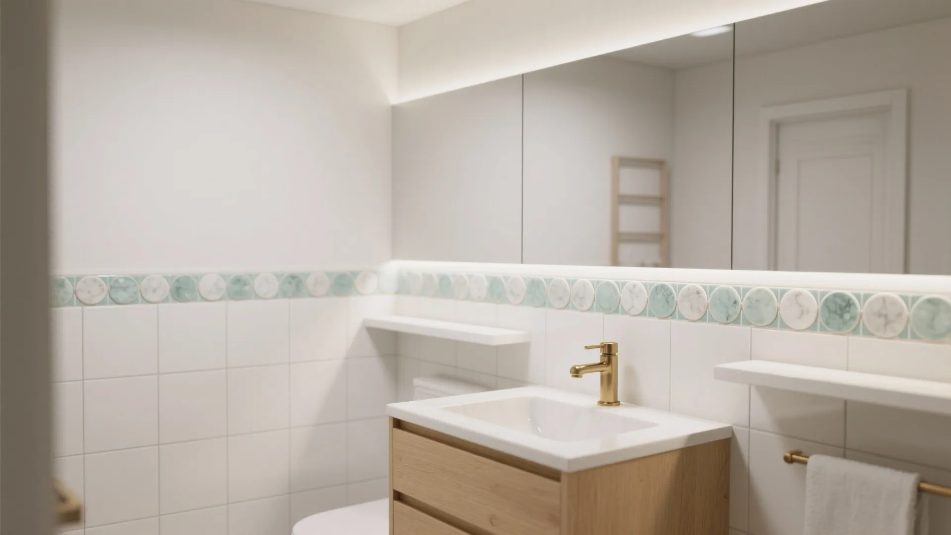 Modern bathroom featuring white wall tiles green round border wood sink cabinet and gold faucet