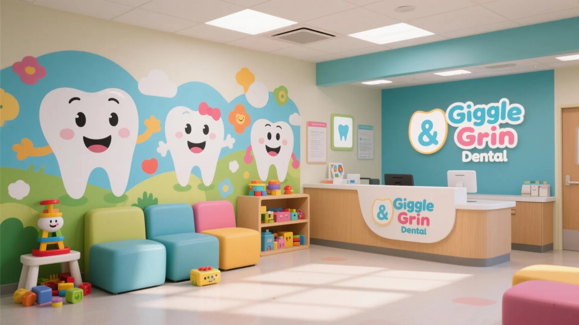 Colorful children dental reception room with cartoon wall art small bright chairs toys and desk