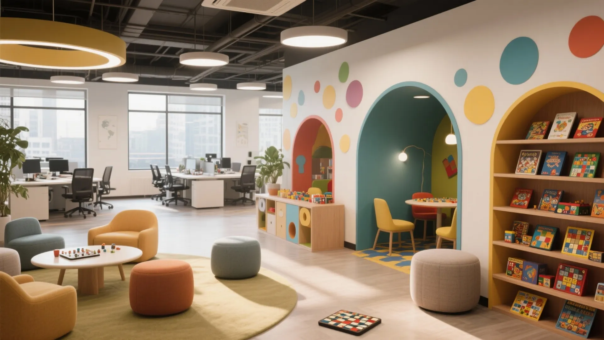 Modern colorful office interior design featuring a play area with soft chairs and arched wall nooks